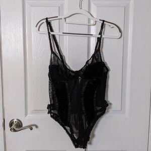 Frilly Velvet and Lace Sexy Strappy Lace-Up Lingerie Body‎ Suit Black Size S/M